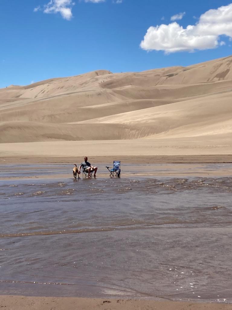 people and a dog relaxing in medano creek at great sand dunes national park