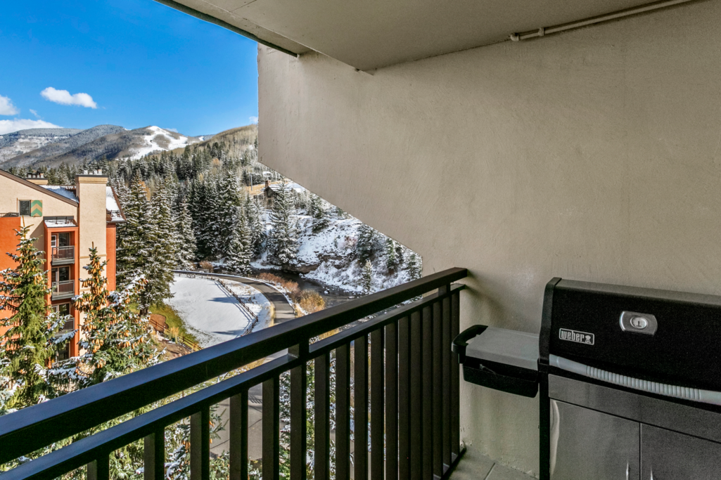 View of Gore Creek and Vail Mountain from the balcony of condo 602 Antlers at Vail