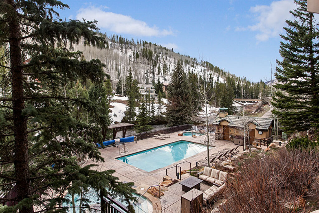 View of Antlers Pool from the balcony of condo 209 Antlers at Vail