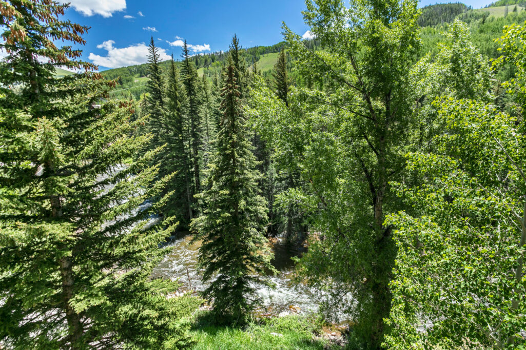 View of the green trees and ski slopes and the rushing river from Antlers at Vail condo 407