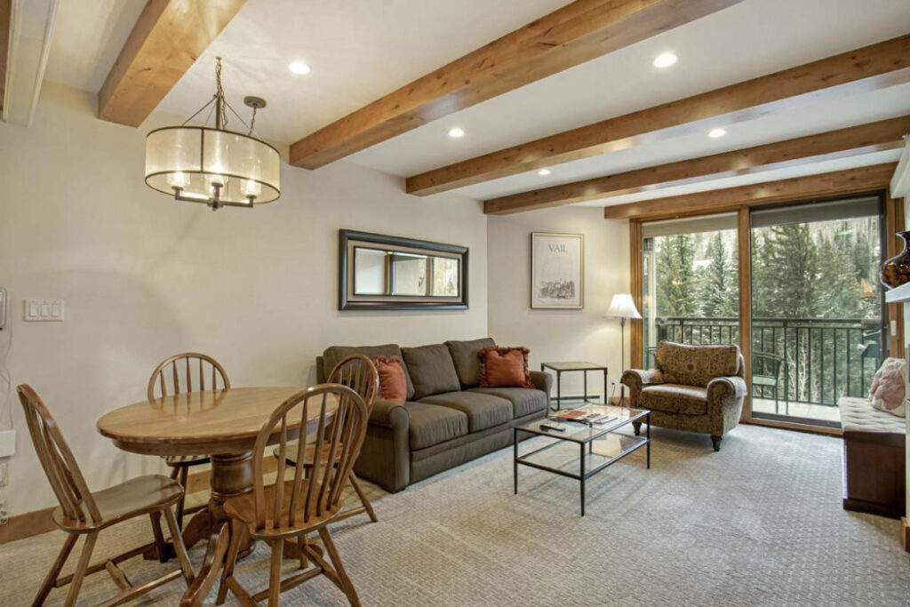 Dining and living space of Antlers at Vail condo #504