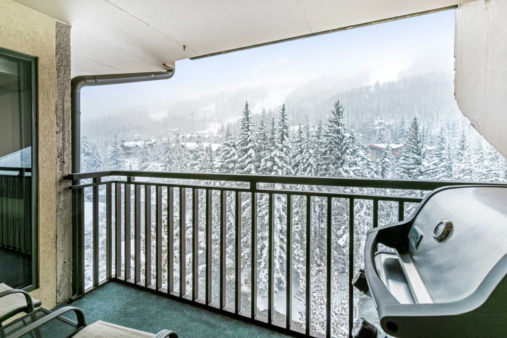 View of balcony on a snowy day condo 604 Antlers at Vail