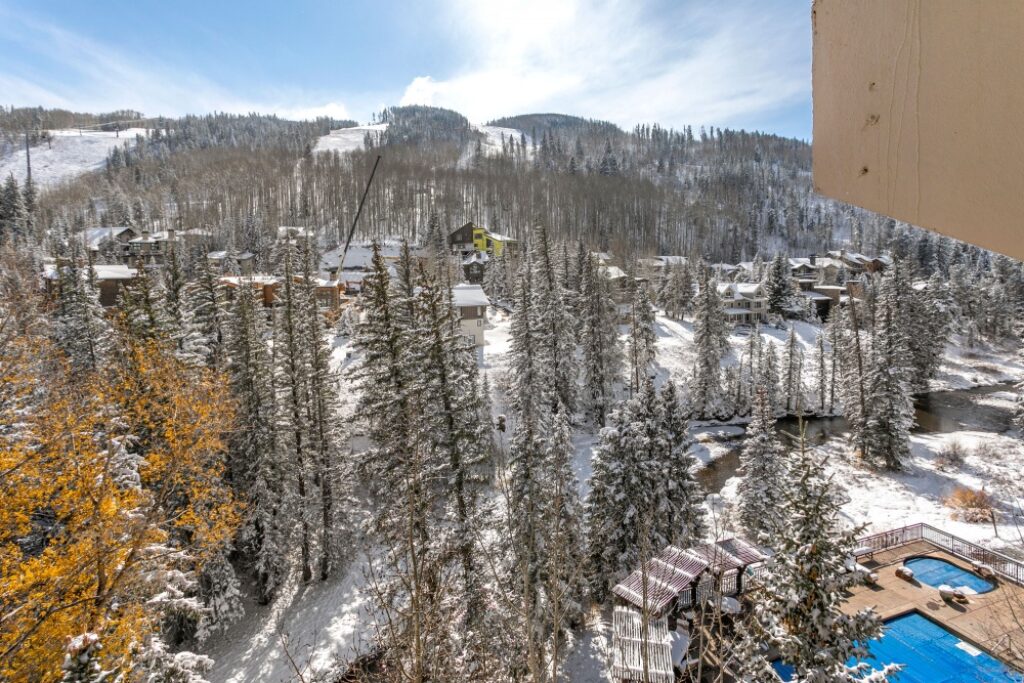 View of Vail Mountain and Gore creek from the balcony of 608 Antlers at Vail
