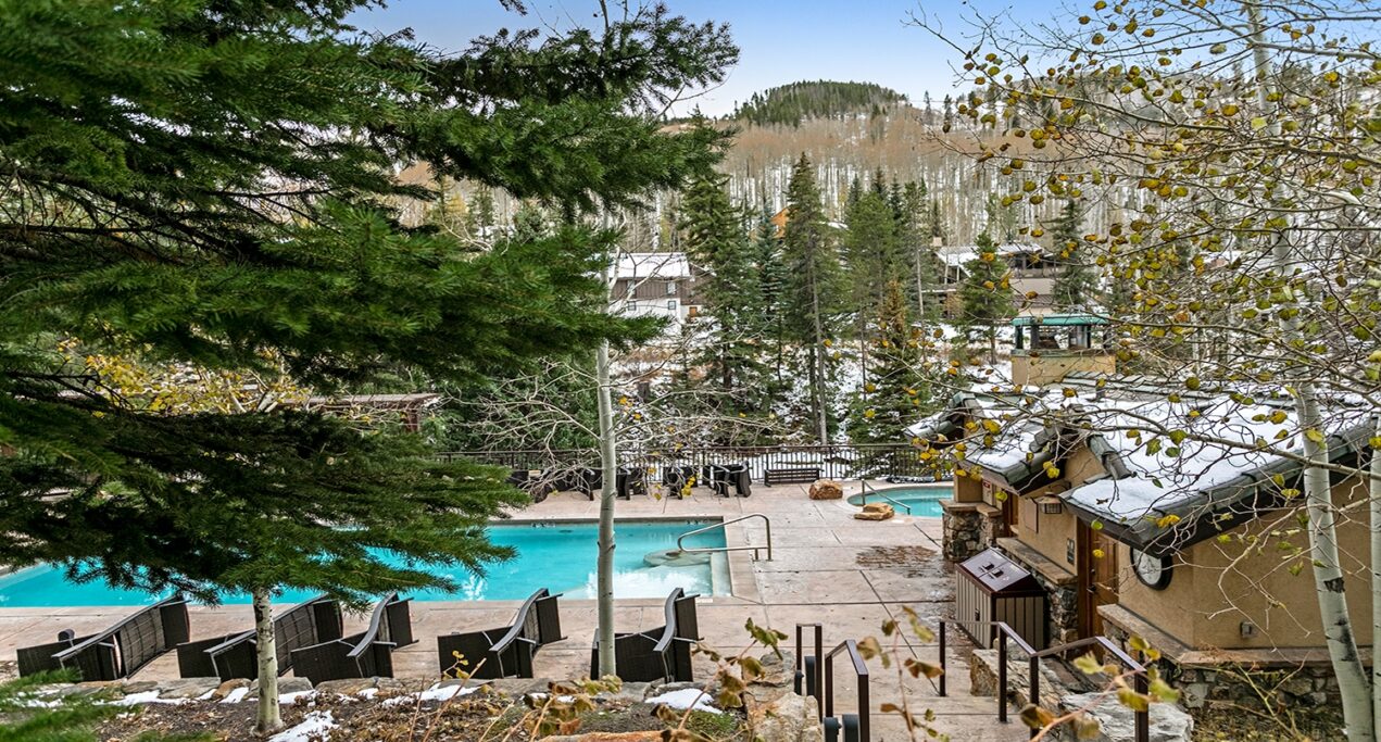 View of pool and hot tub from balcony of unit 112 Antlers at Vail