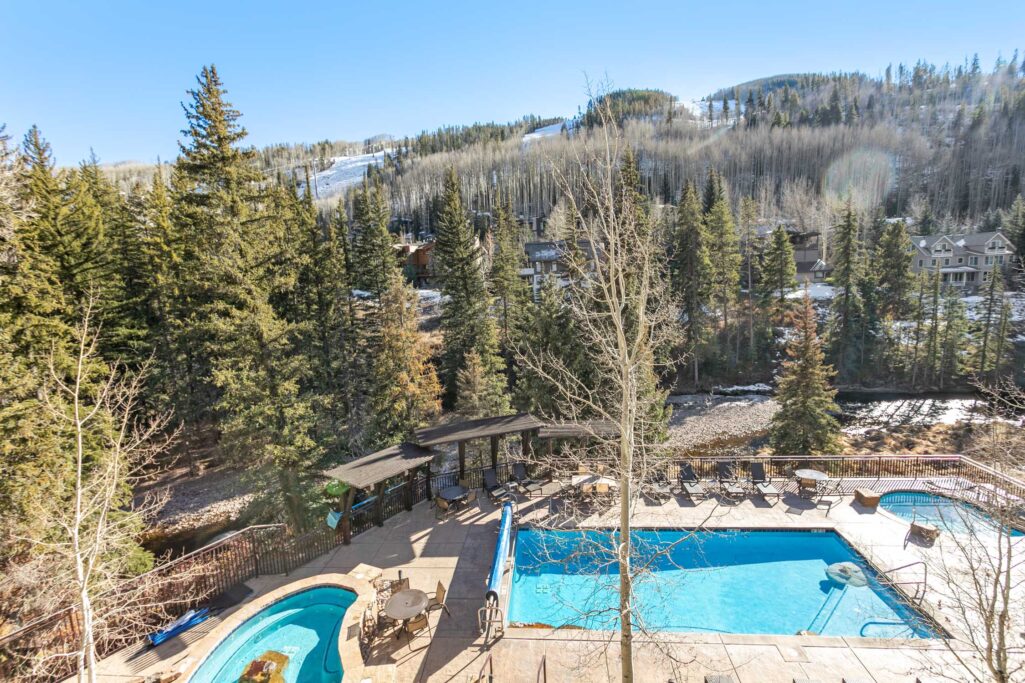 Deck of Antlers at Vail condo 311 overlooking mountain and pool