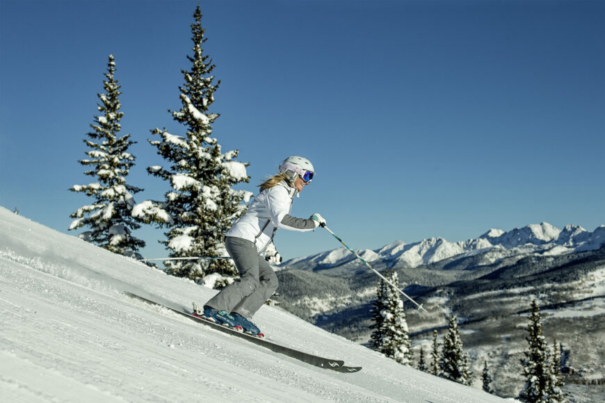 skiing a groomer on vail mountain