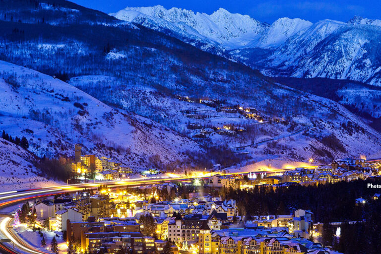 Looking over the town of vail to the gore range at night