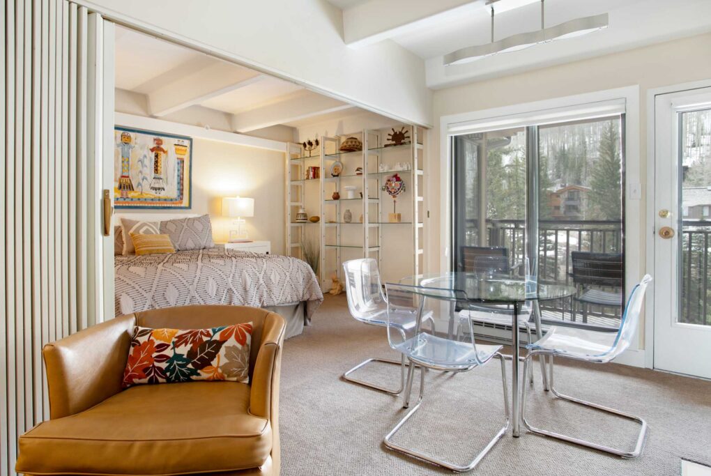 Living room and bedroom of Antlers at Vail studio condo 310