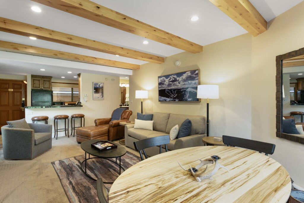 Living and dining area of Antlers at Vail condo 202