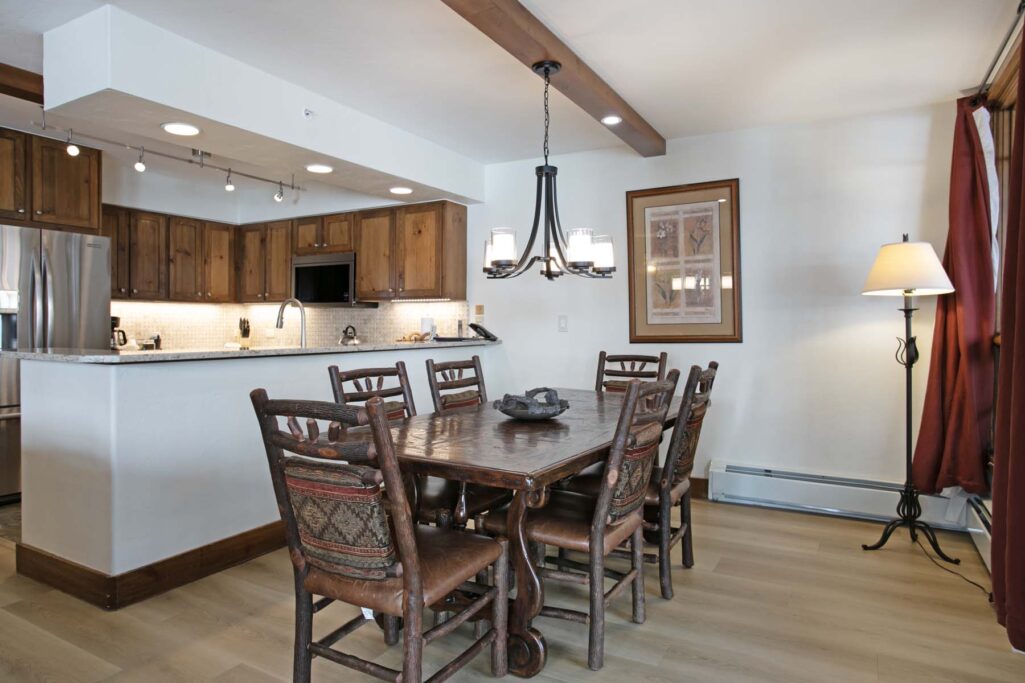 Dining and kitchen areas of Antlers at Vail condo 418