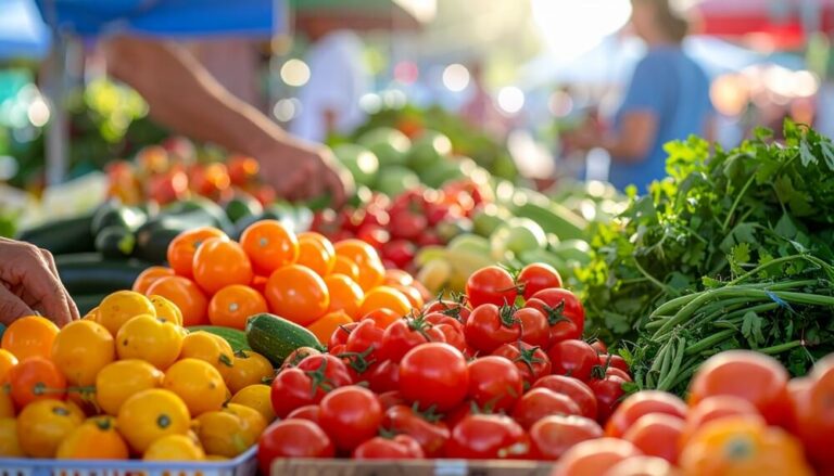 Fresh produce including tomatoes, squash, and herbs displayed at an outdoor farmers market in Vail Village.