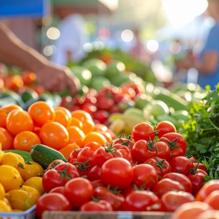 Fresh produce including tomatoes, squash, and herbs displayed at an outdoor farmers market in Vail Village.